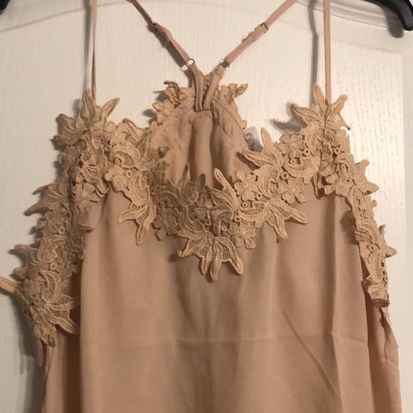 Macaron Taupe Spaghetti Strap Blouse with Lace Detail - Picture 2 of 10